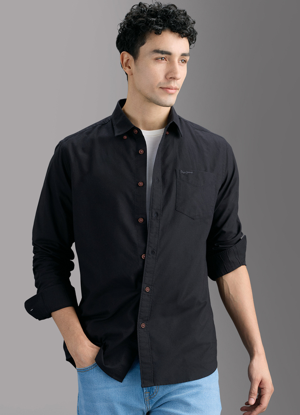 Men Black Solid Regular Button-down Collar Shirt, , large image number 5