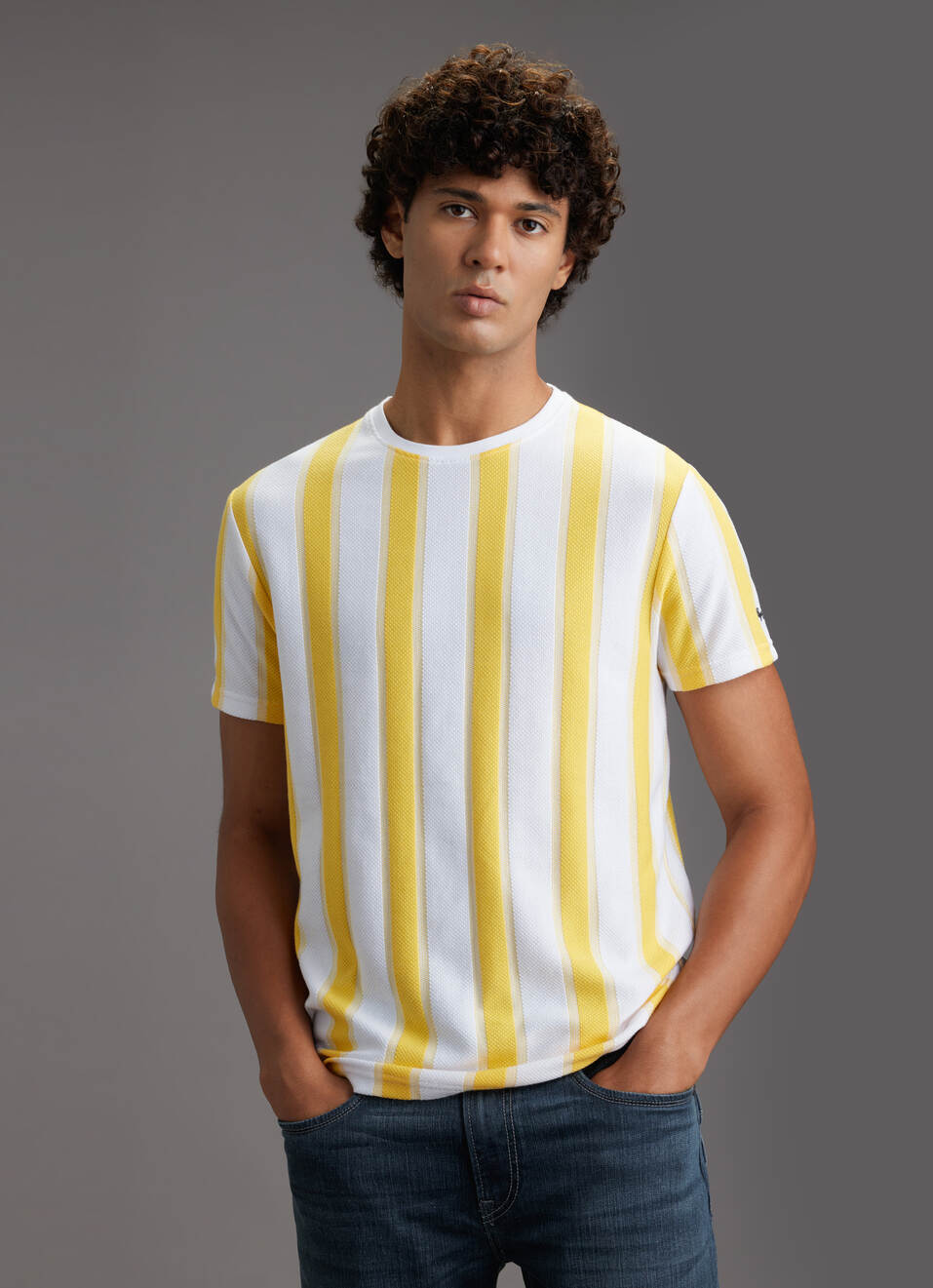 Men Yellow Vertical Stripe Slim Fit Short Sleeve T-shirt, , large image number 5