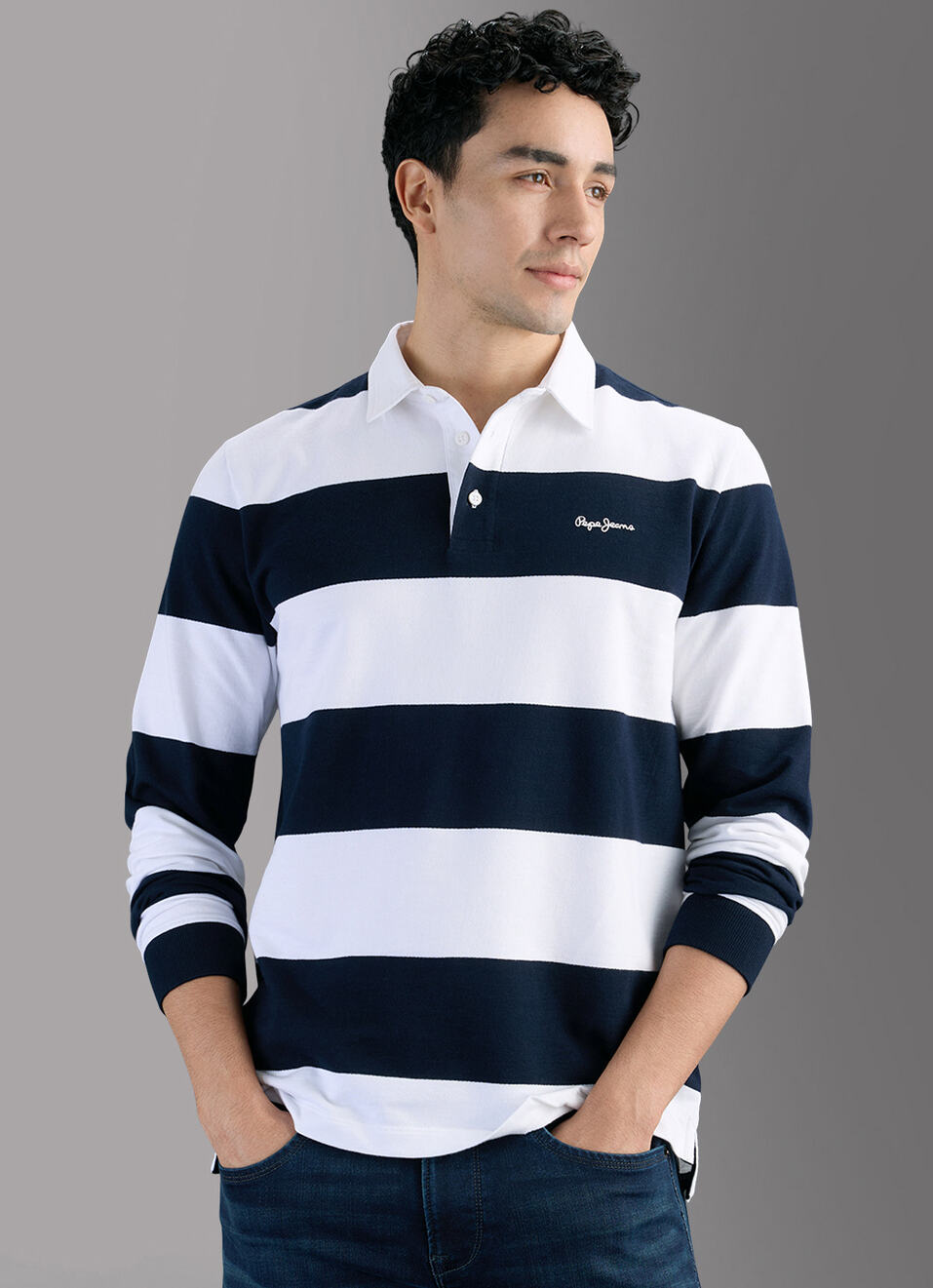 Men Navy Rugby Striped Polo T-shirt, , large image number 5