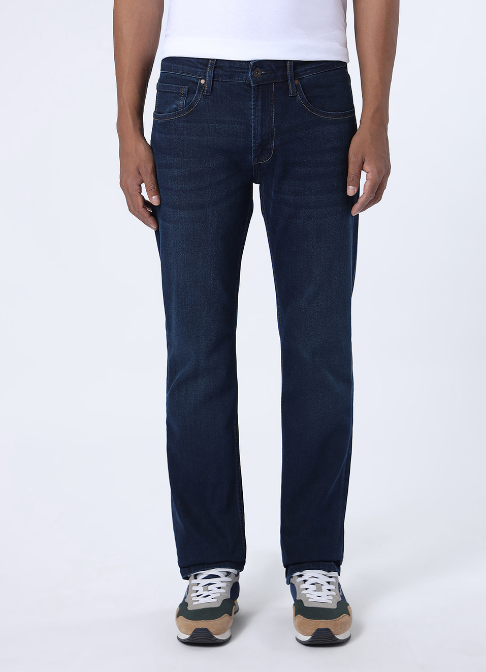 Men Mid Rise Dark Blue Straight Fit Stretchable Jeans, , large image number 2
