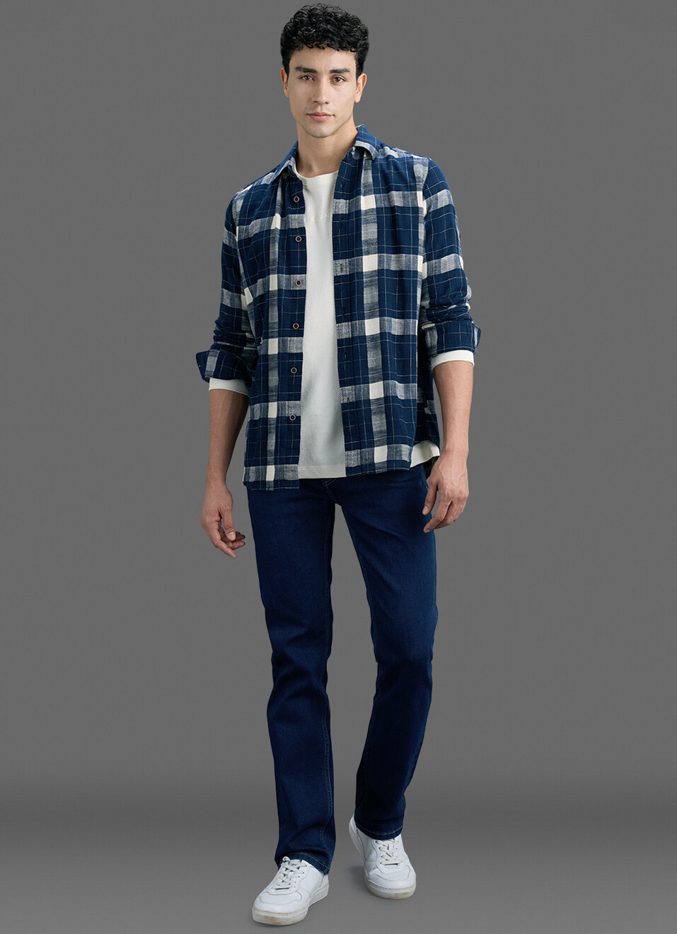 Men Navy Checked Dobby Long Sleeve Shirt, , large image number 2