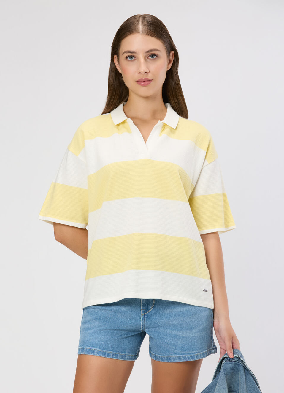 Women Yellow Striped Polo Collar T-shirt, , large image number 0