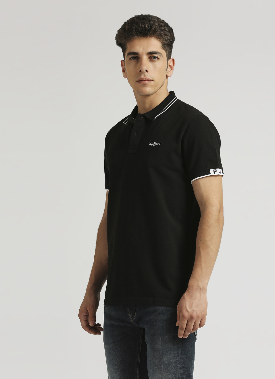 Black Solid Ribbed Collar Polo, , large image number 3