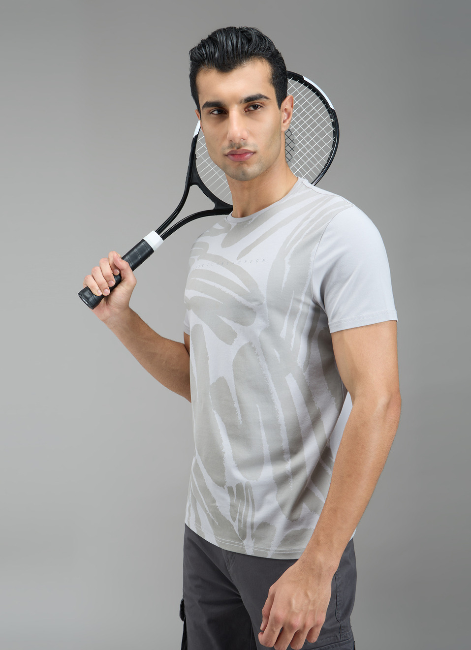 Men Grey Abstract Print Slim Fit T-shirt, , large image number 3