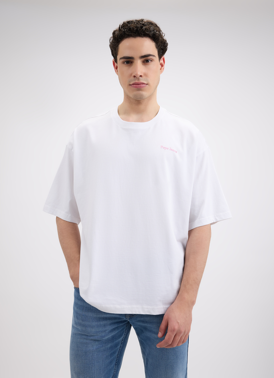Men White Back Print Short Sleeve Oversized T-shirt, , large image number 1