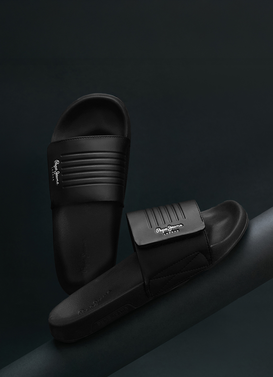Men Black Solid Velcro Strap Slides, , large image number 0