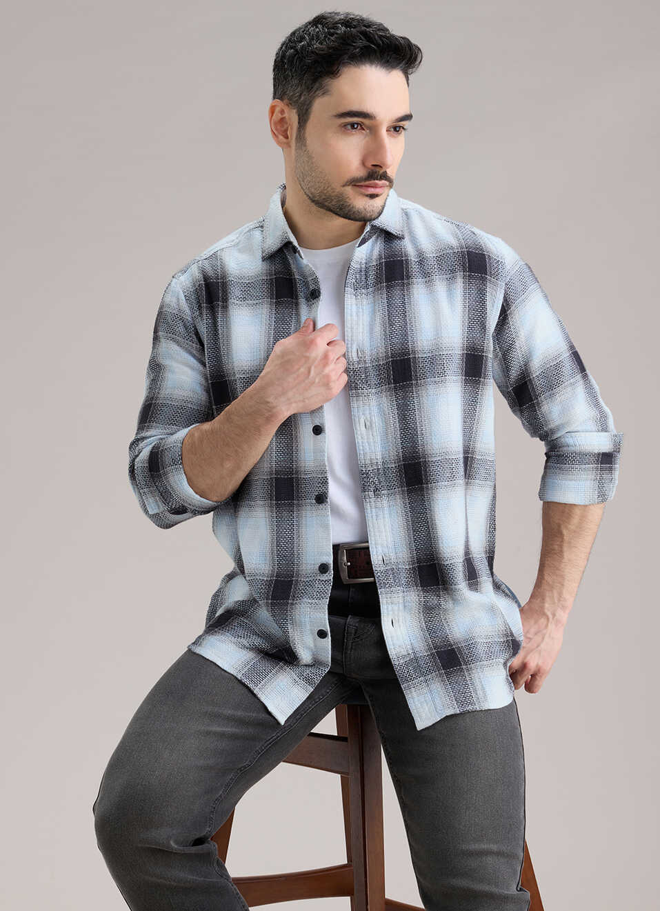 Men White Checked Dobby Long Sleeve Shirt, , large image number 0