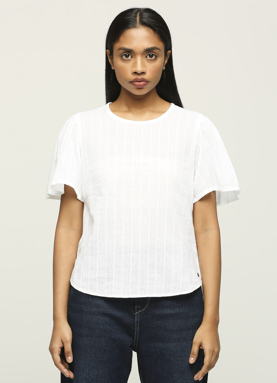 White Round Neck Short Sleeve Top, , large image number 1