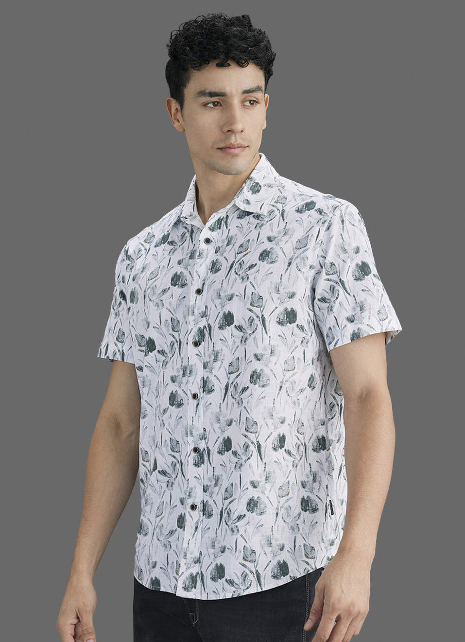 Men Grey Printed Resort Collar Short Sleeve Shirt, , large image number 7