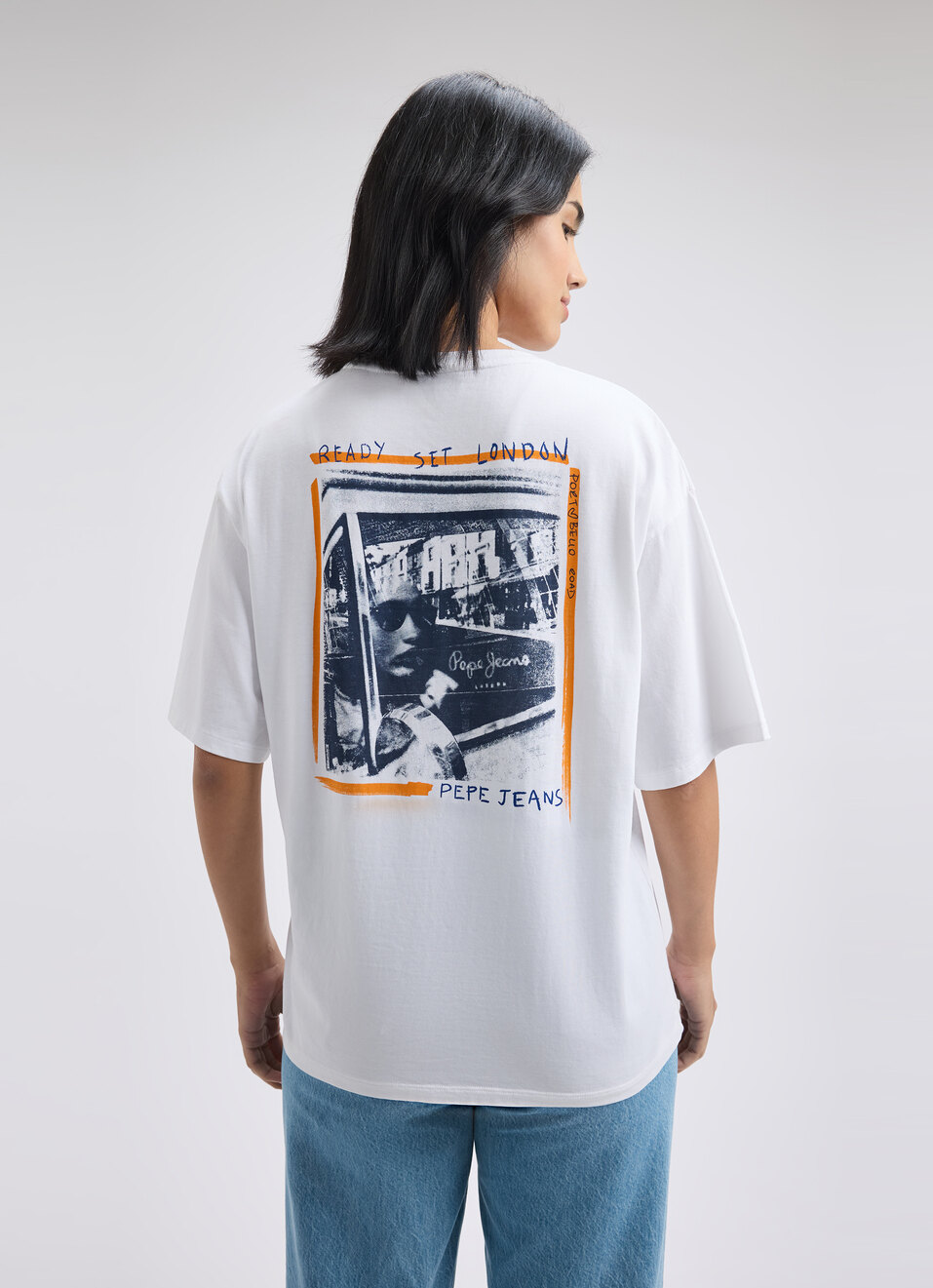 Women White Back Print Short Sleeve Oversized T-shirt, , large image number 2