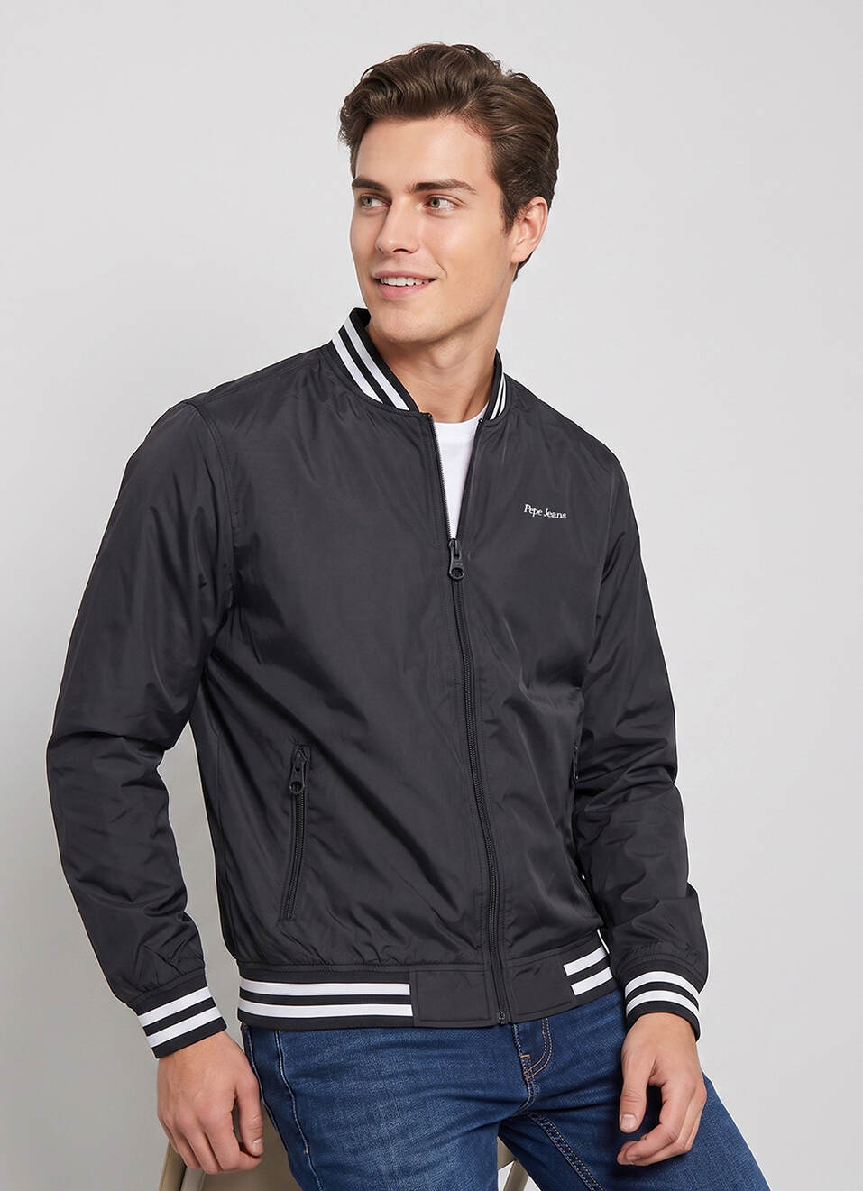 Men Black Solid Baseball Collar Long Sleeve Jacket, , large image number 0