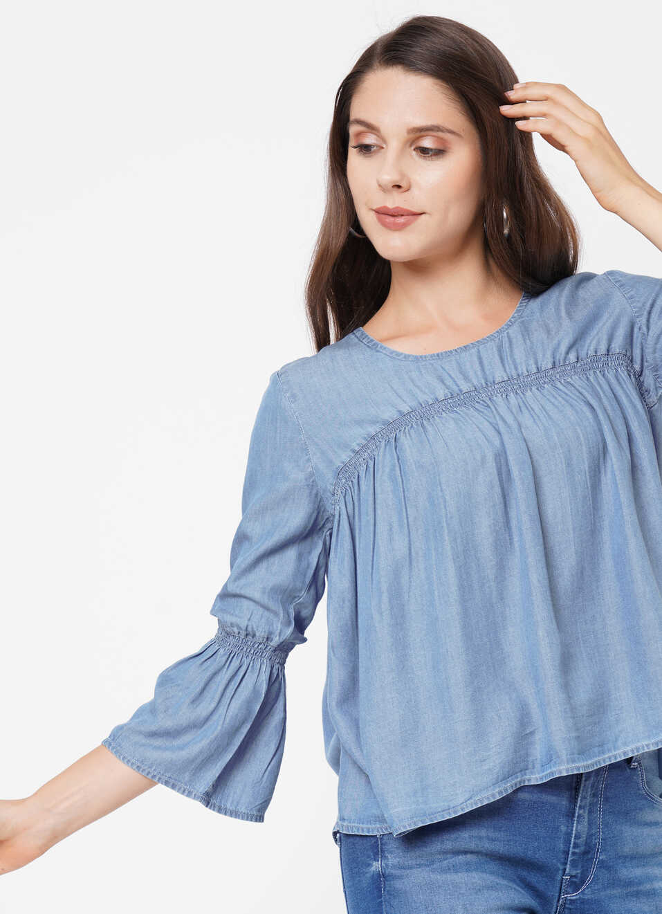 Catrin Tencel Denim Top With Gather, , large image number 1