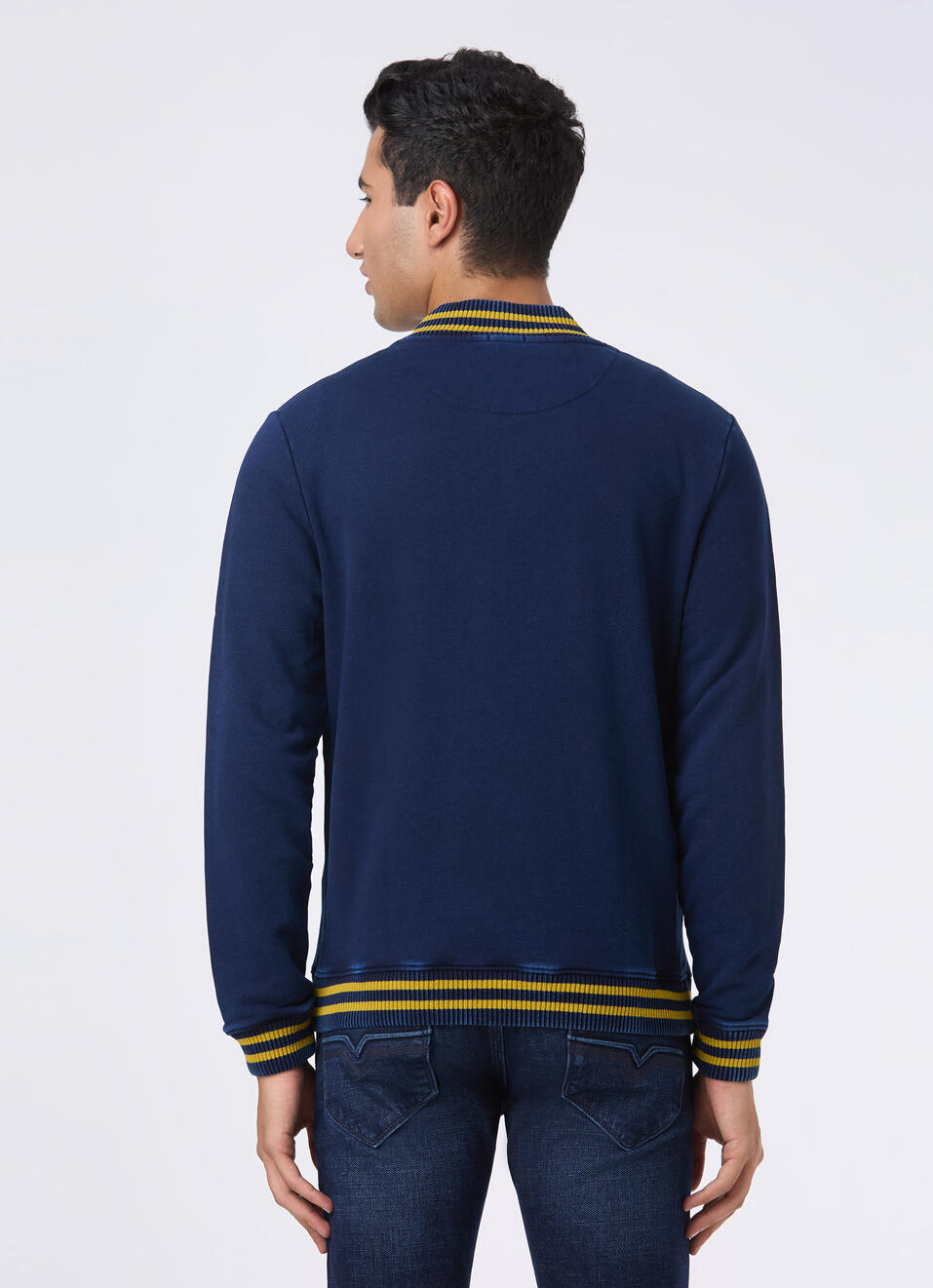 Men Navy Varsity Collar Zip Up Sweatshirt, , large image number 2