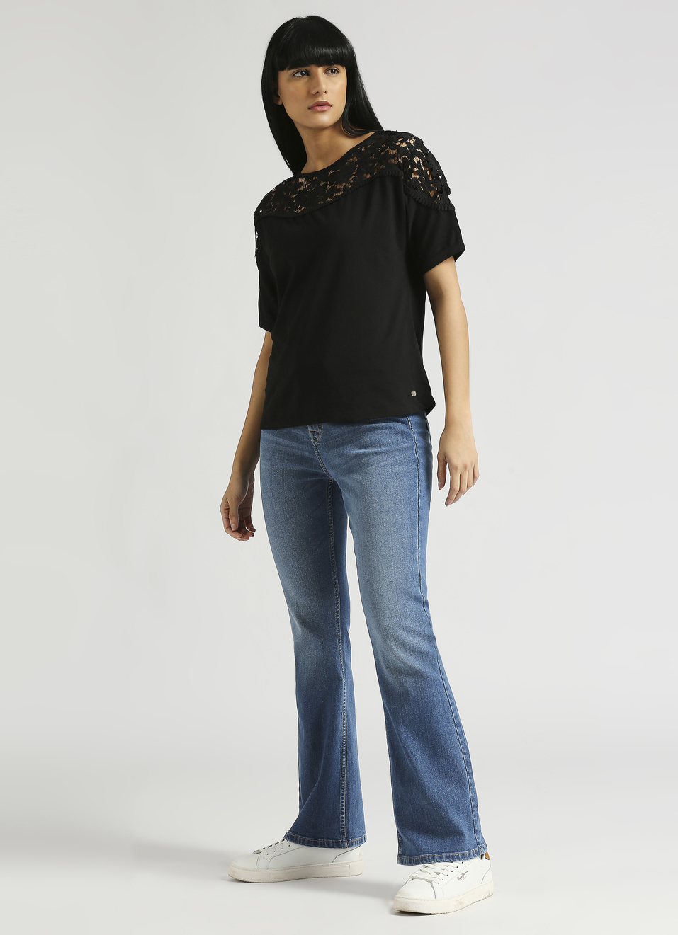 Black Lace Detail Extended Shoulder Top, , large image number 5