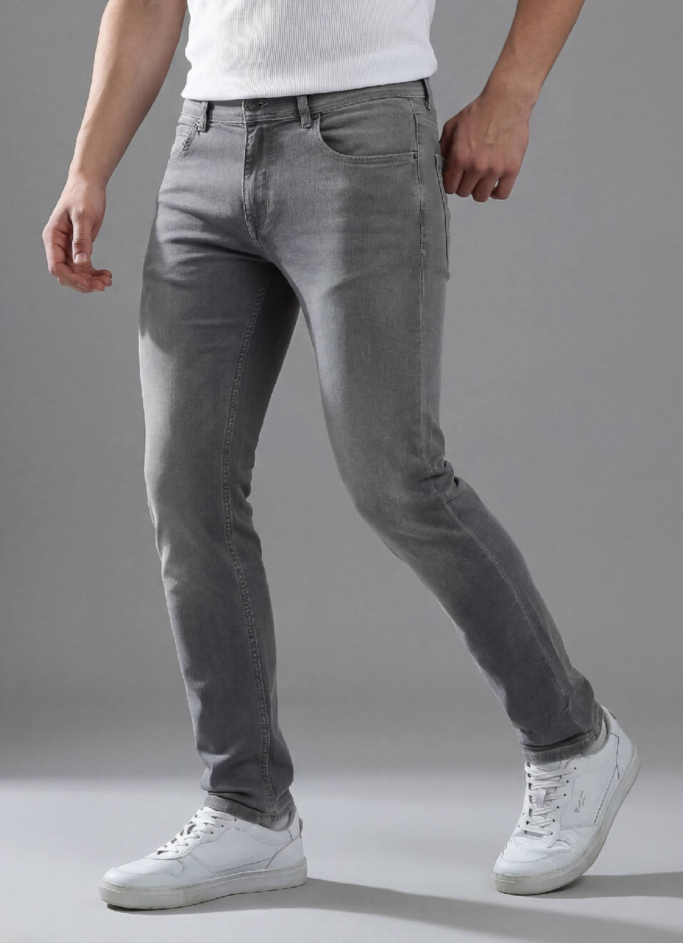 Vapour Grey Mid Rise Slim Powerflex Jeans, , large image number 0
