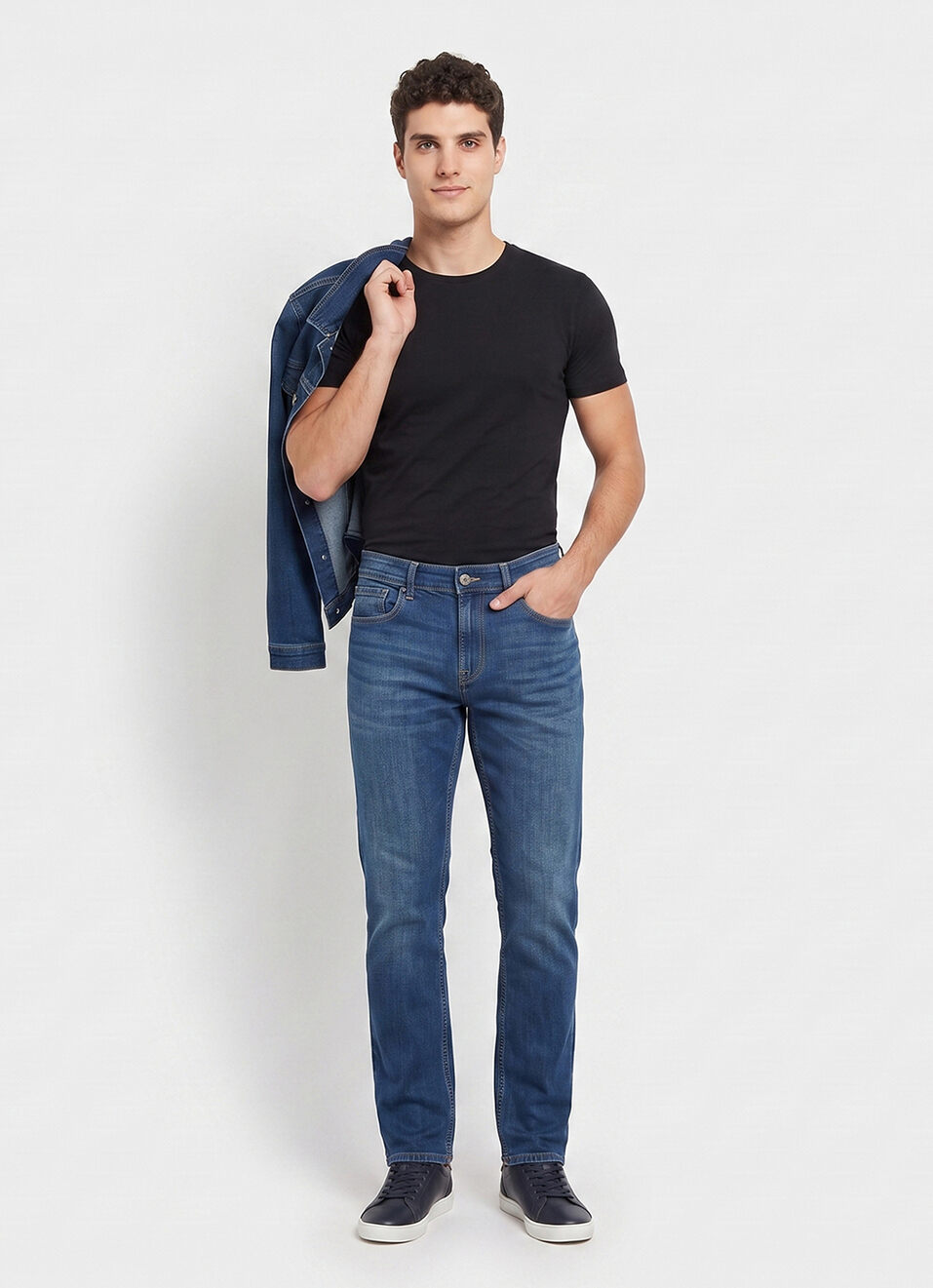 Men Blue Straight Fit Mid Rise Stretchable Jeans, , large image number 1
