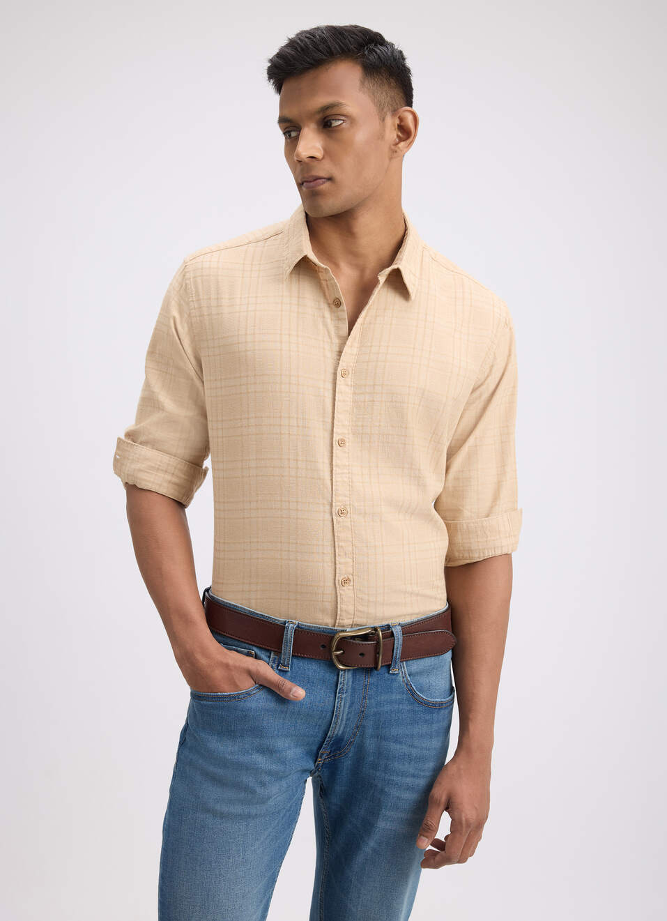 Men Beige Check Full Sleeve Shirt, , large image number 0