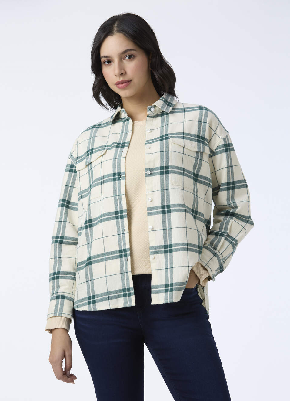 Women Green Check Oversized Shirt, , large image number 0