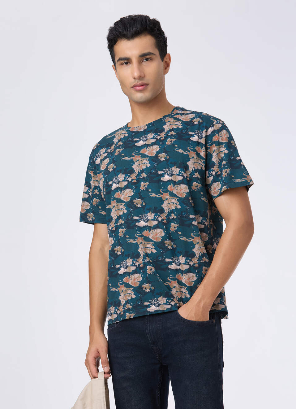 Men Teal Floral Print Relaxed T-shirt, , large image number 0