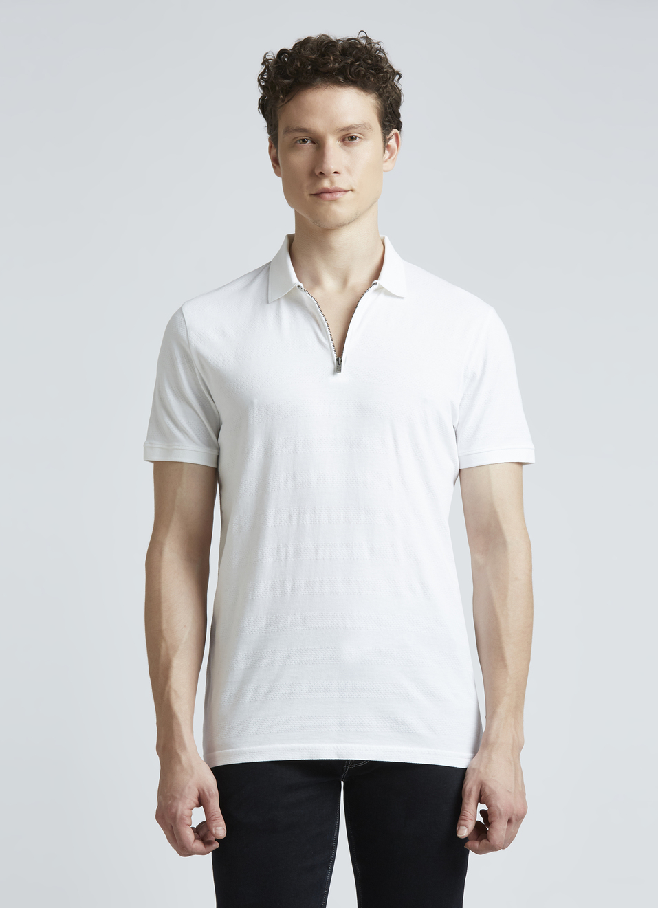 White Stripes Short Sleeve Zipper Polo, , large image number 1
