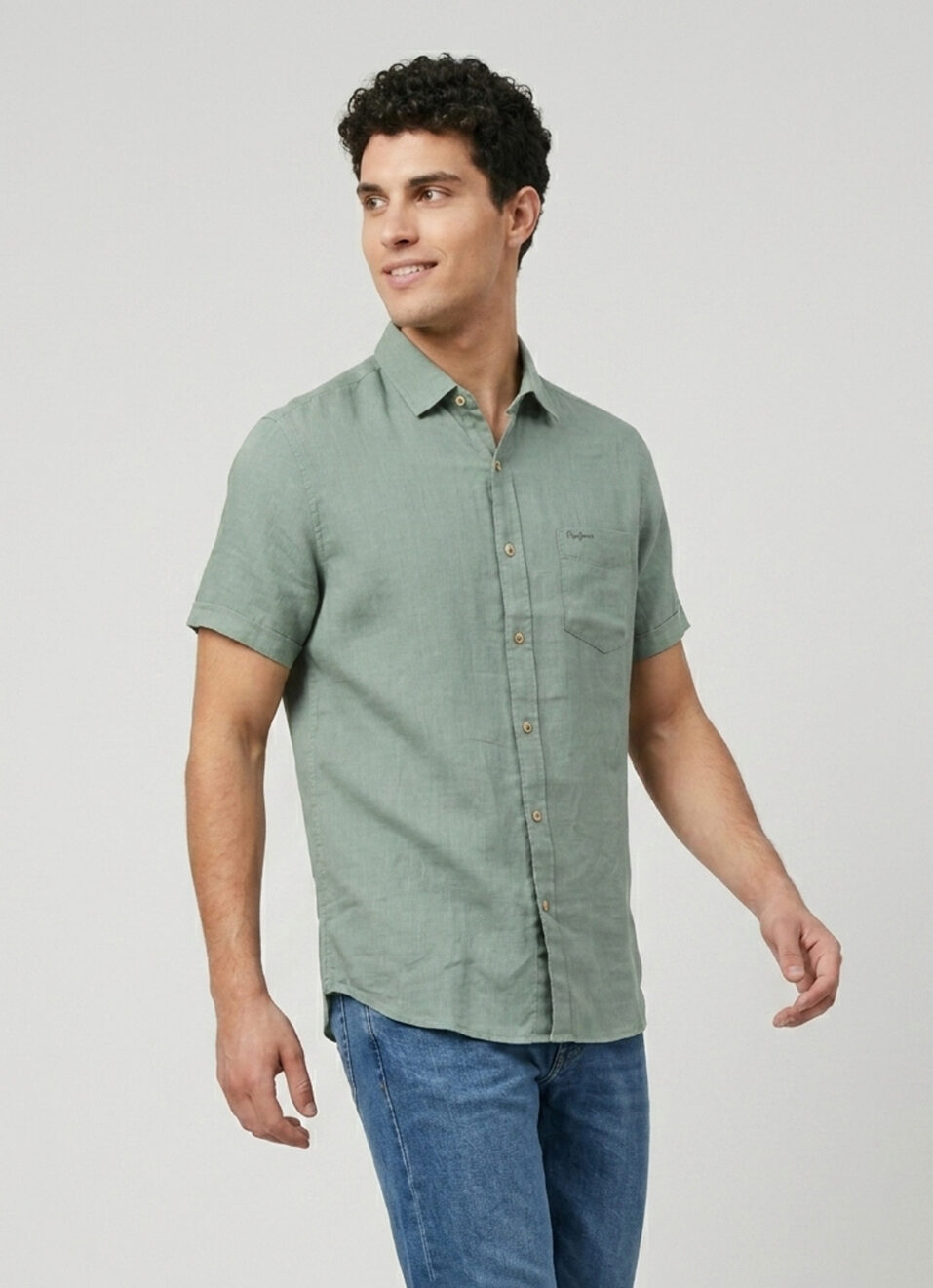 Men Light Green Solid Pure Linen Short Sleeve Shirt, , large image number 3
