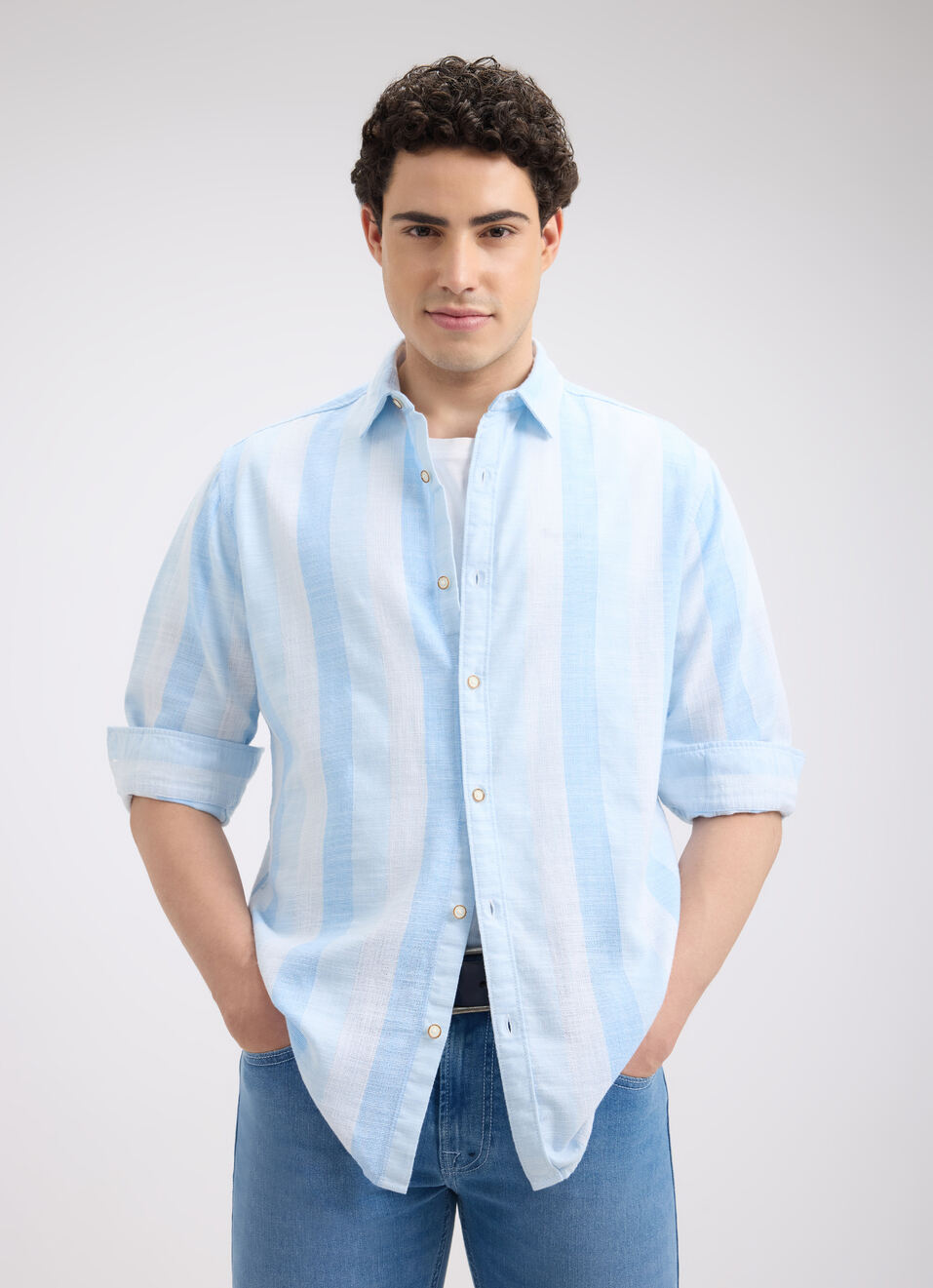 Men Blue Stripe Full Sleeve Shirt, , large image number 0