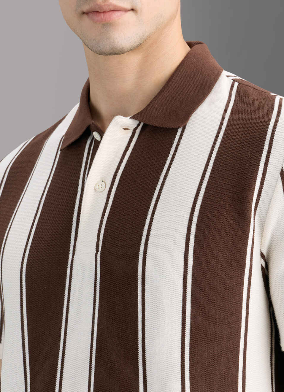 Men Brown Striped Polo T-shirt, , large image number 1