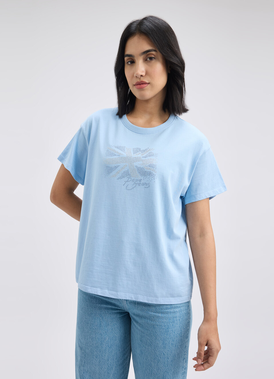 Women Blue Embellished Union Jack Print Short Sleeve T-shirt, , large image number 1