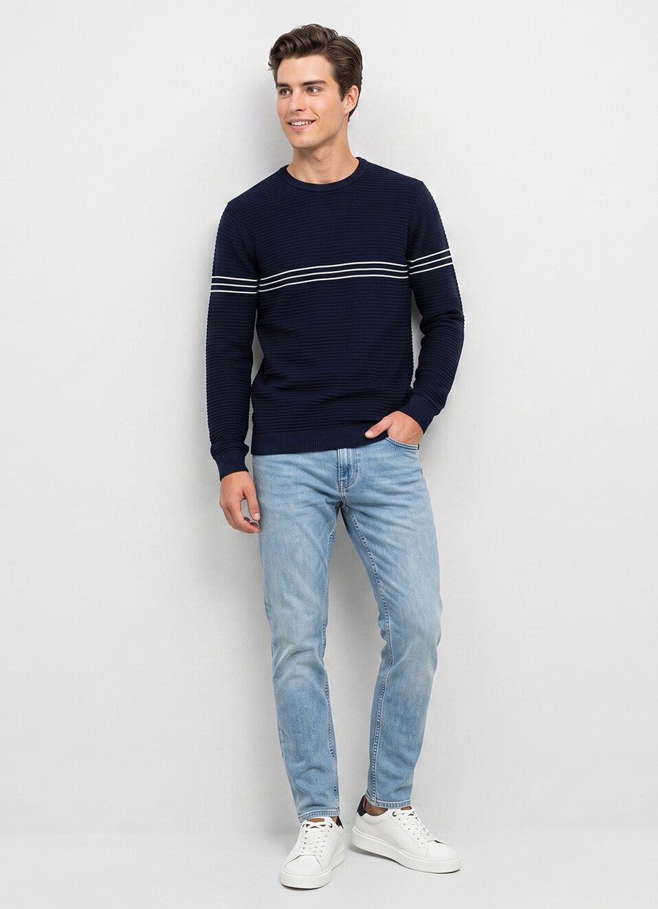Men Blue Striped Full Sleeve Flat Knit Sweater, , large image number 5