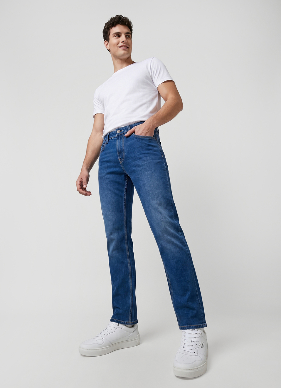 Men Blue Straight Fit Mid Rise Stretchable Jeans, , large image number 7