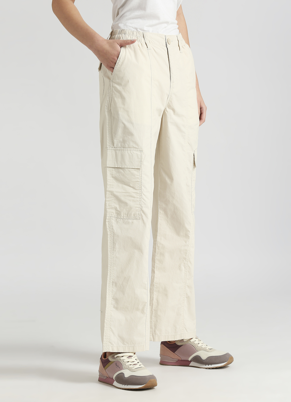 Ecru Mid Rise Parachute Cargo Pants , , large image number 3