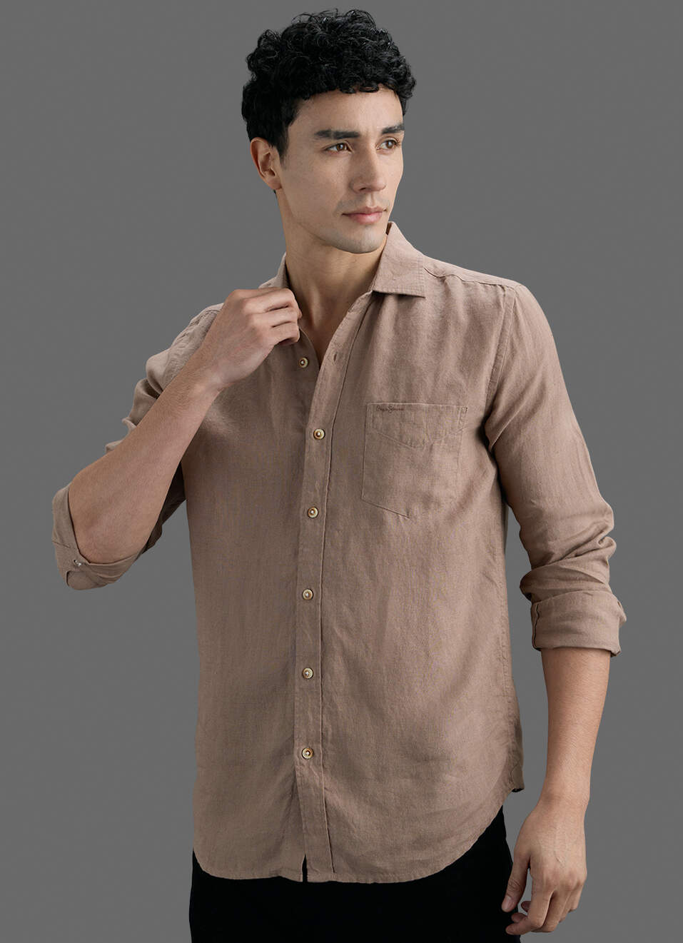 Men Brown Solid Pure Linen Long Sleeve Shirt, , large image number 7