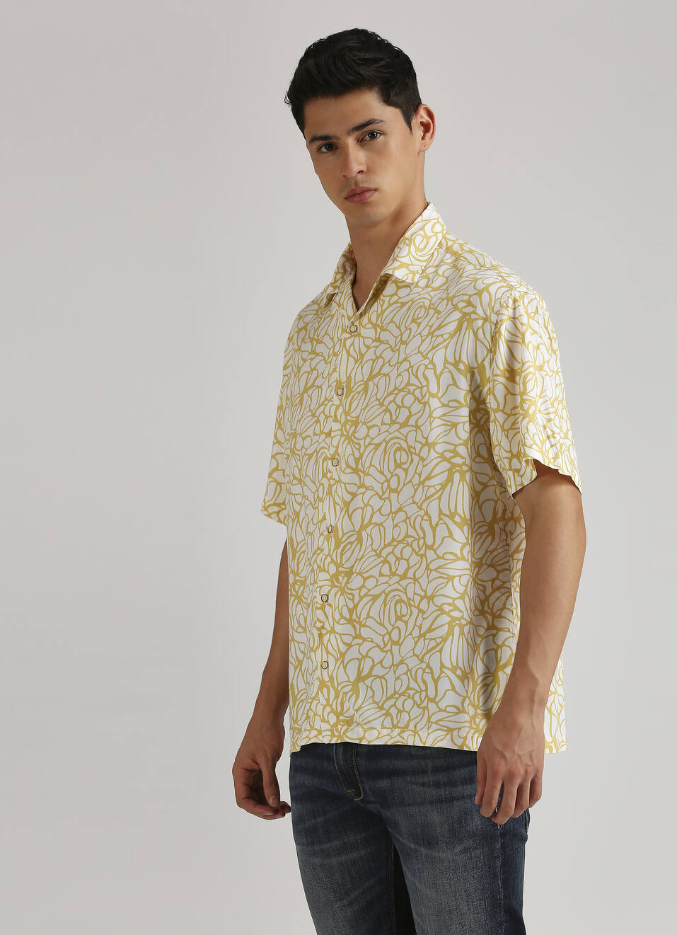 Yellow All Over Print Resort Collar Trendy Short Sleeve Shirt, , large image number 3