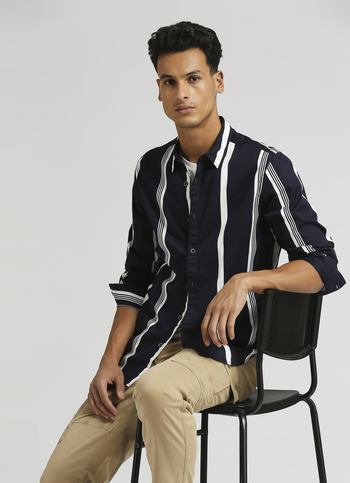 Navy Narrow Stripes Twill Long Sleeve Shirt