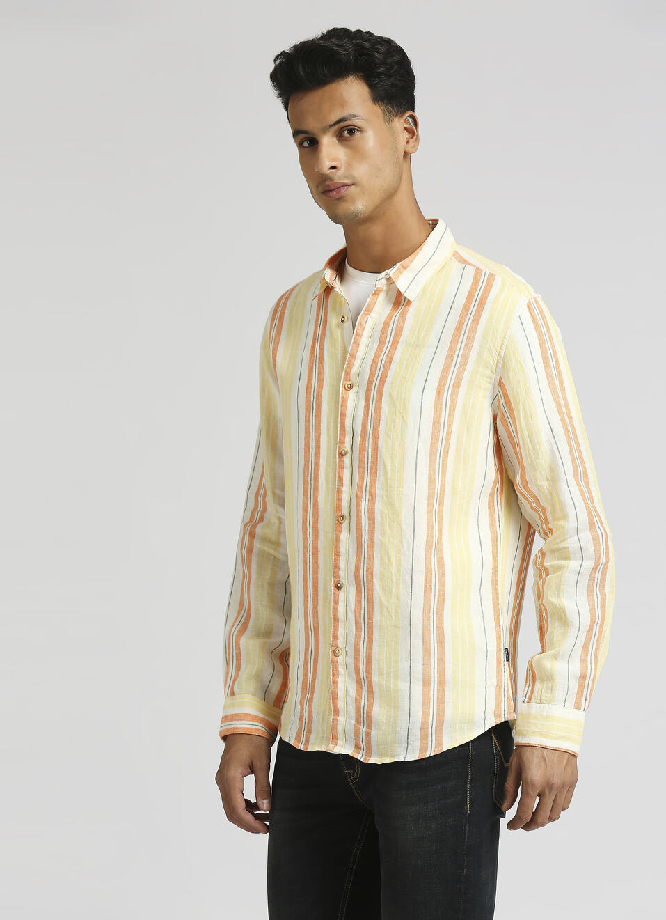 Yellow Stripes Pure Linen Summer Long Sleeve Shirt , , large image number 3