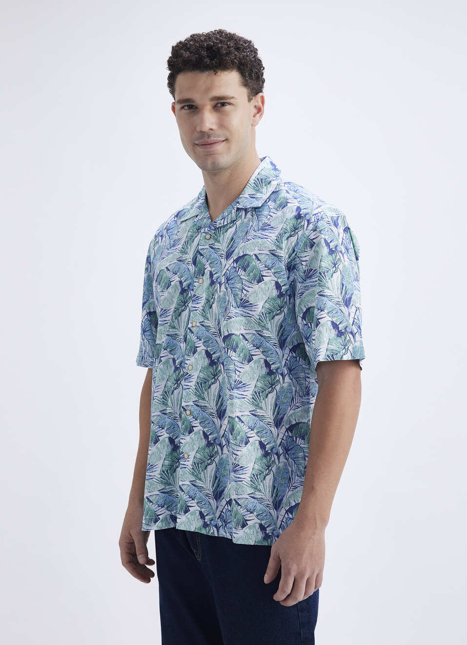 Men Green Resort Collar Tropical Leaf Print Short Sleeve Shirt, , large image number 3