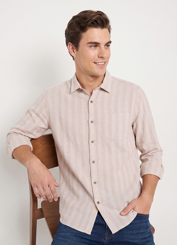 Men Beige Striped Dobby Long Sleeve Shirt