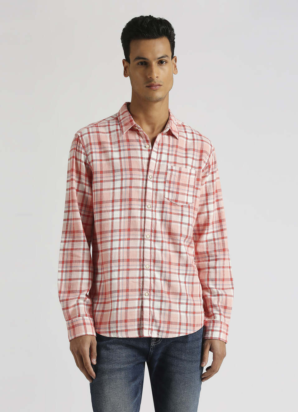 Peach Checks Yarn Dyed Long Sleeve Shirt, , large image number 1