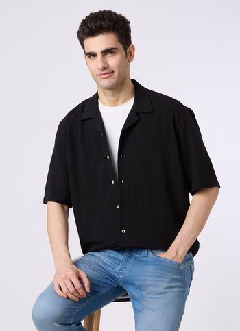 Men Black Cuban Collar Short Sleeve Relaxed Fit Shirt