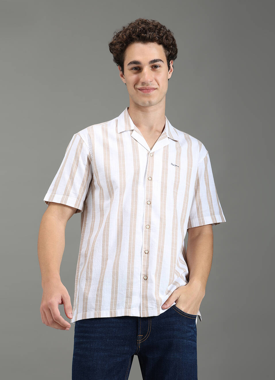 Men Beige Striped Resort Collar Shirt, , large image number 5