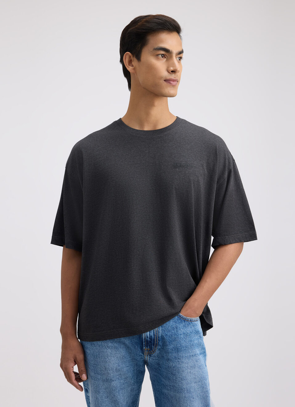 Men Grey Back Print Short Sleeve Oversized T-shirt, , large image number 1