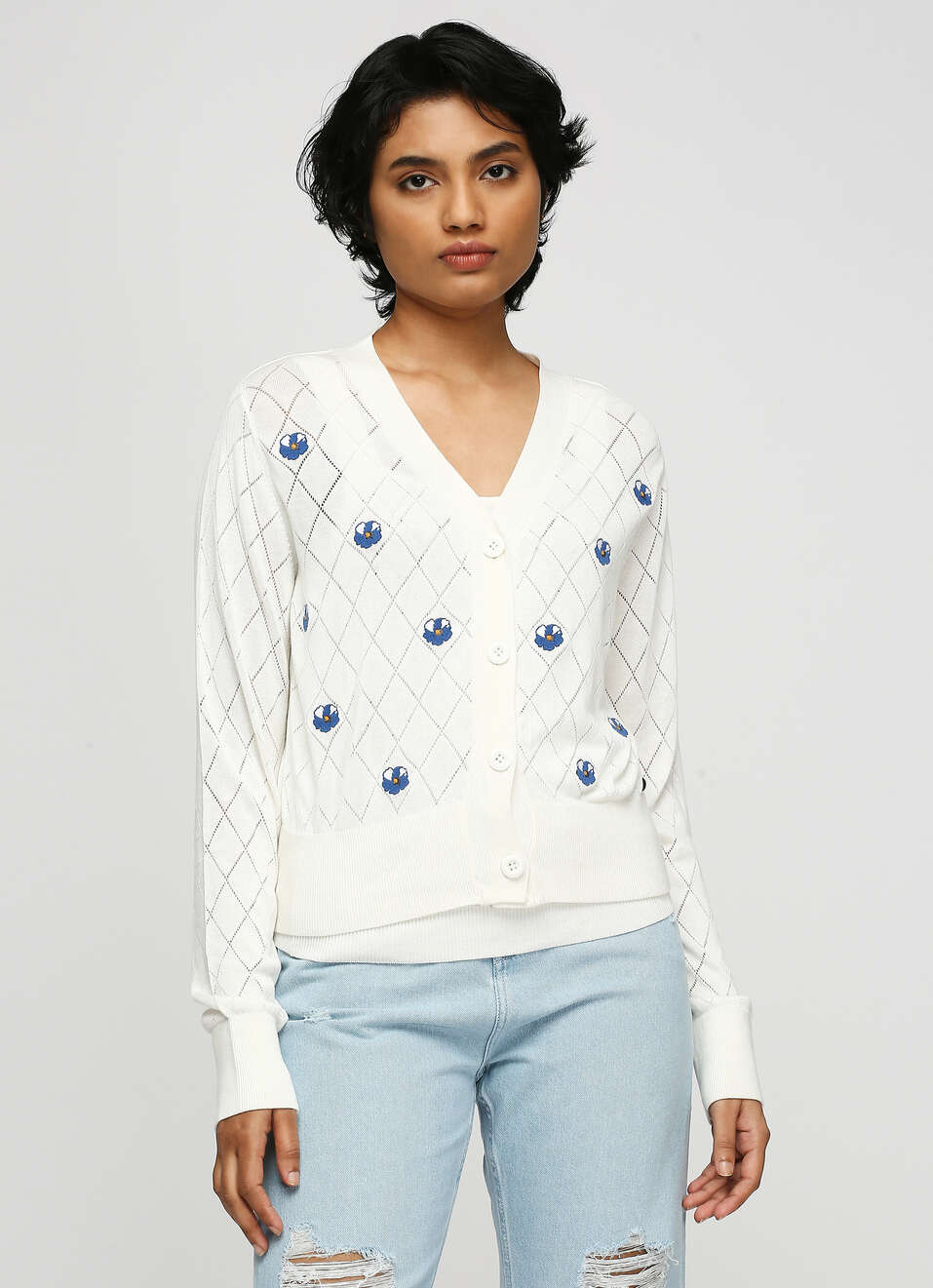 White Printed Sweater, , large image number 1