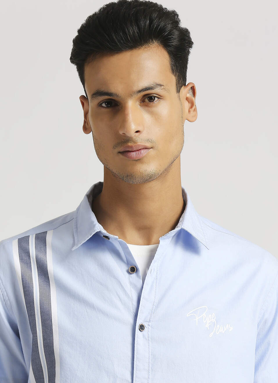 Sky Blue Yarn Dyed Placment Stripes Long Sleeve Shirt, , large image number 4