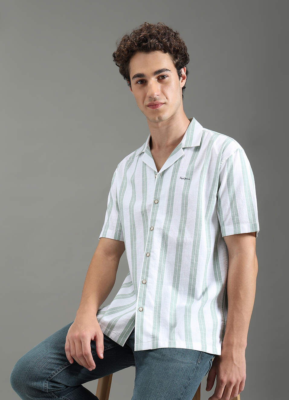 Men Green Striped Resort Collar Shirt, , large image number 0