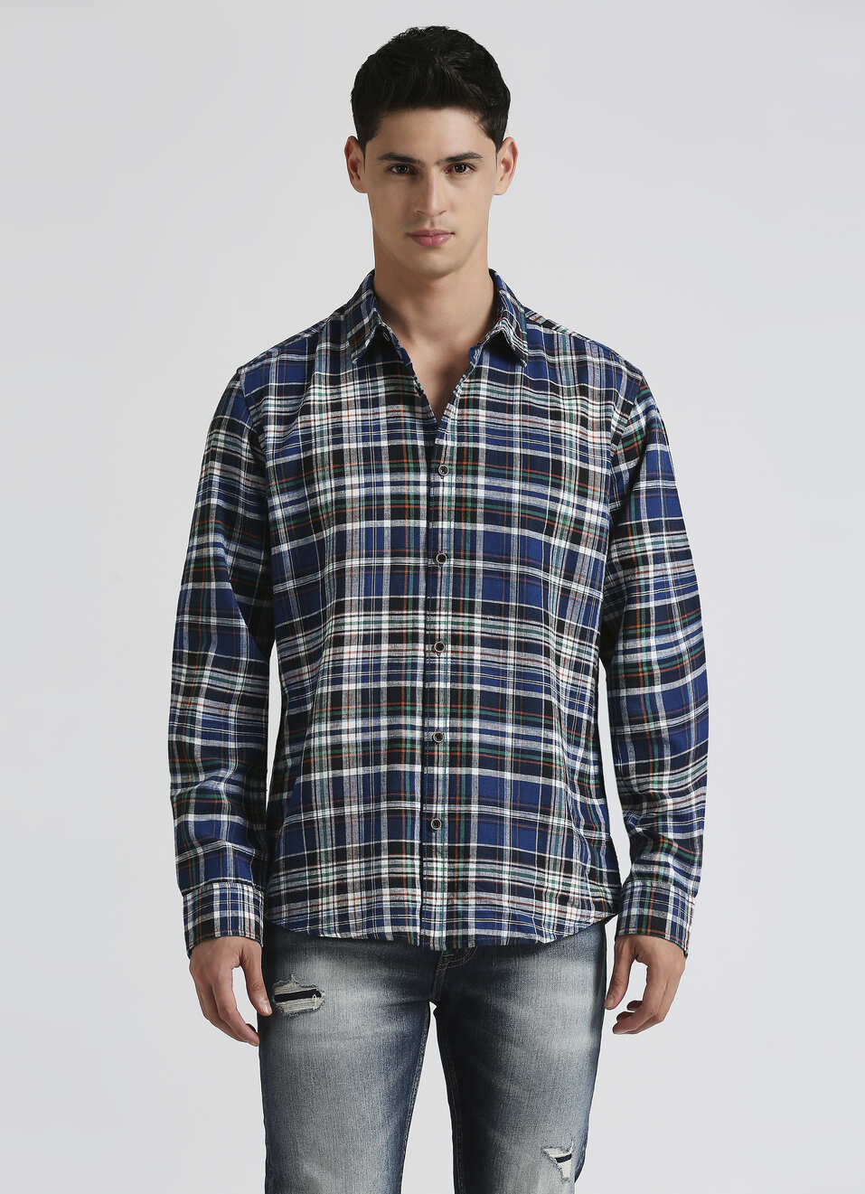 Blue Yarn Dyed Checks Linen Long Sleeve Shirt, , large image number 1