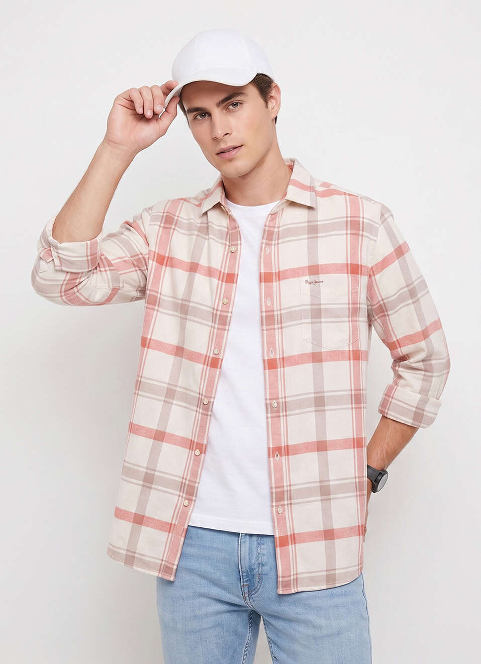 Men Off White Checked Brushed Long Sleeve Shirt, , large image number 0
