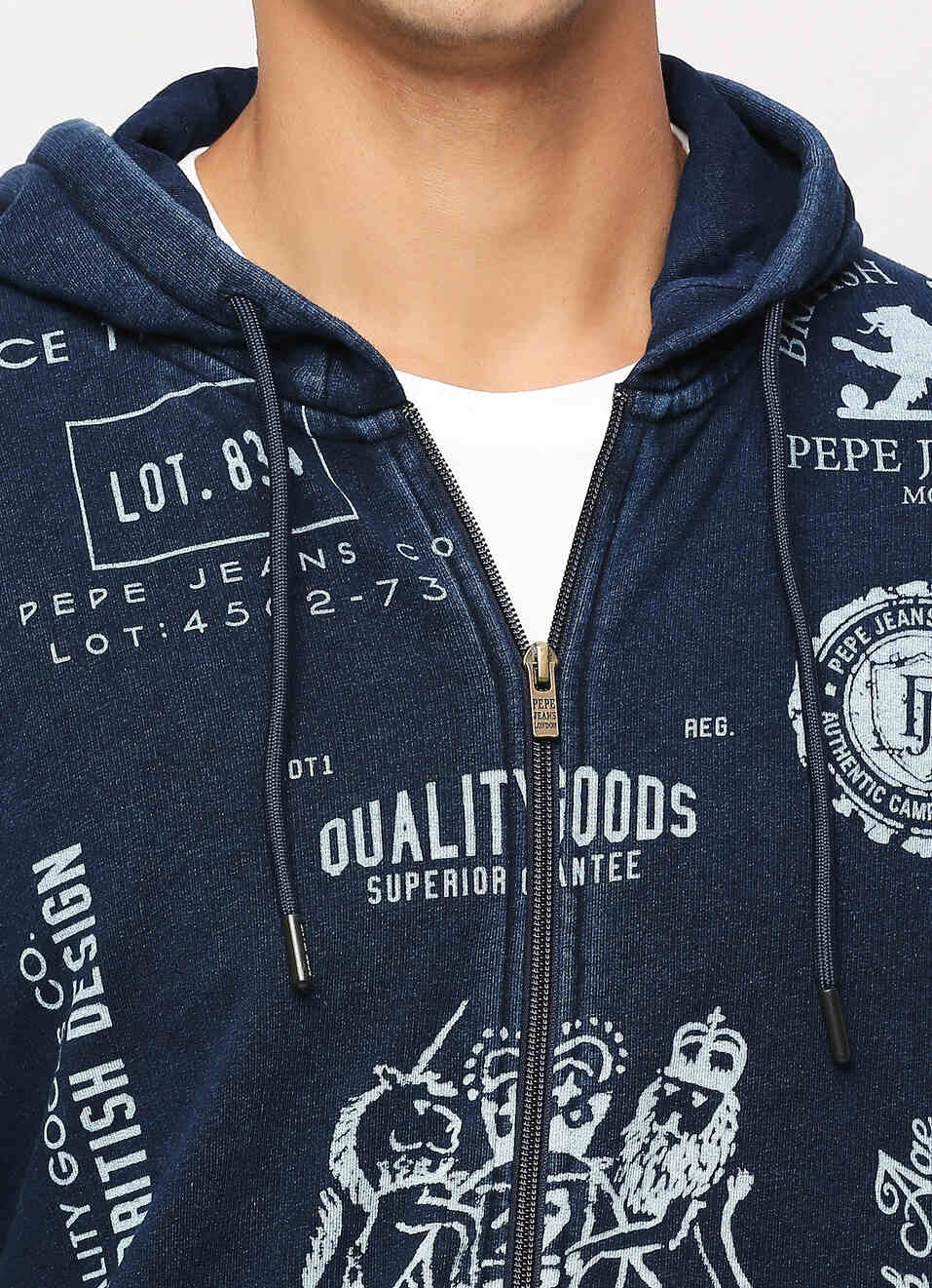 Indigo Zip Thru Printed Hooded Sweatshirt, , large image number 4