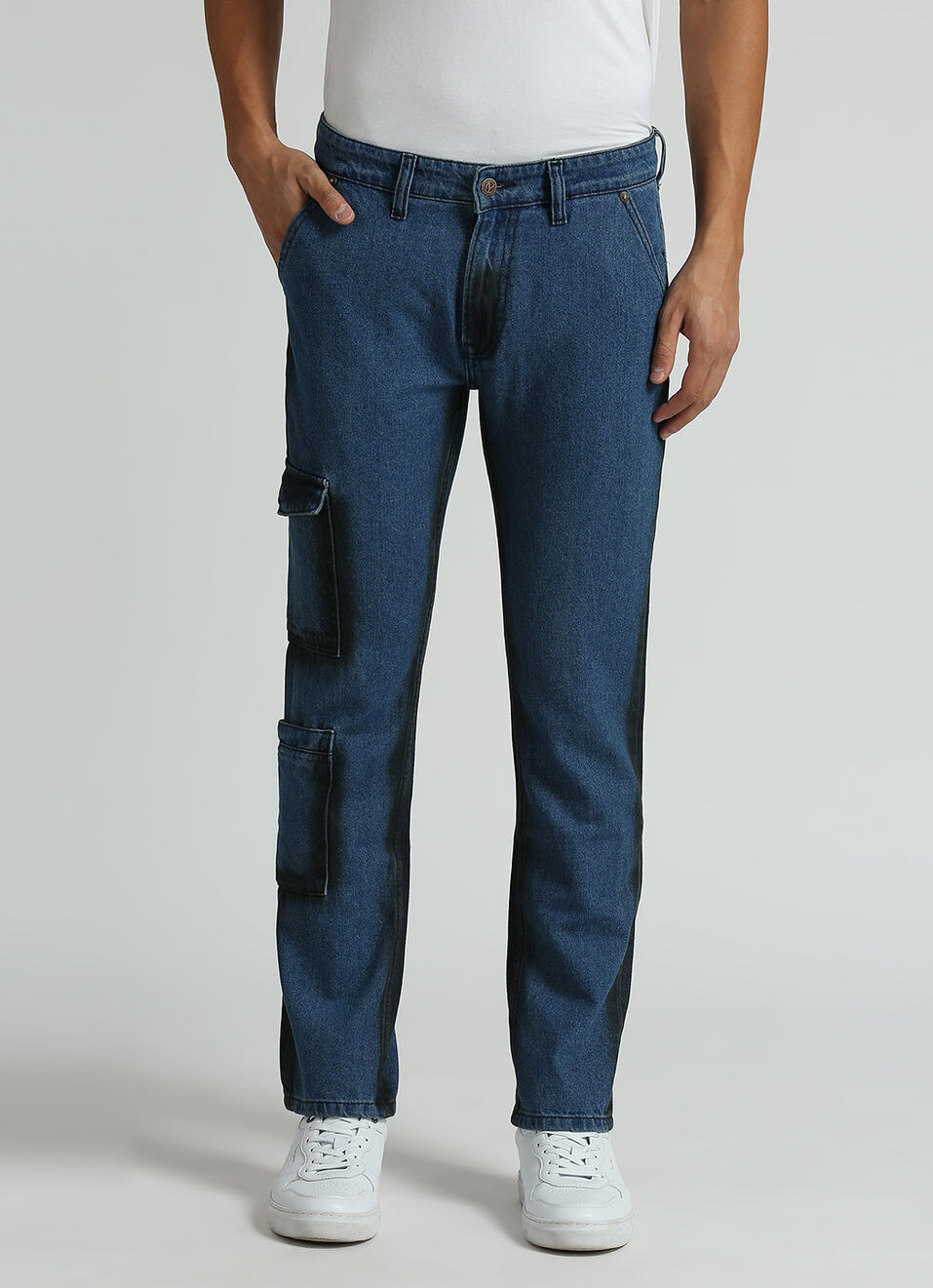 Cargo Straight Mid Rise Dark Blue Jeans, , large image number 2