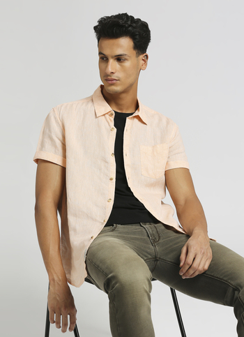 Peach Solid Single Pocket Chambray Linen Short Sleeve Shirt