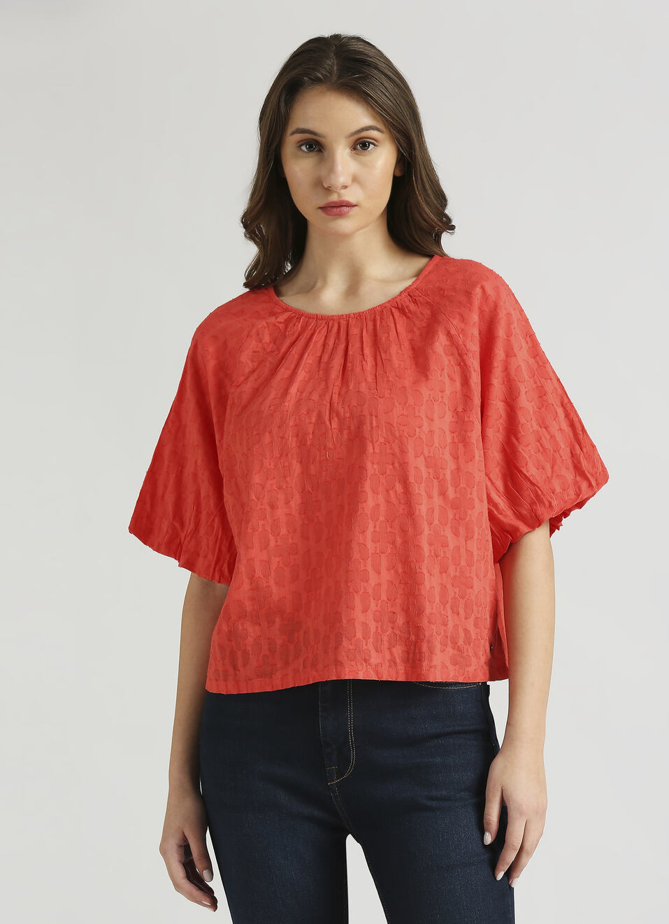 Red Self Design Raglan Puff Sleeve Top, , large image number 1
